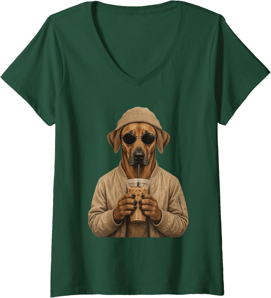 Women's Rhodesian Ridgeback Hipster Dog Drinking Iced Coffee V-Neck T-Shirt - Dark Green