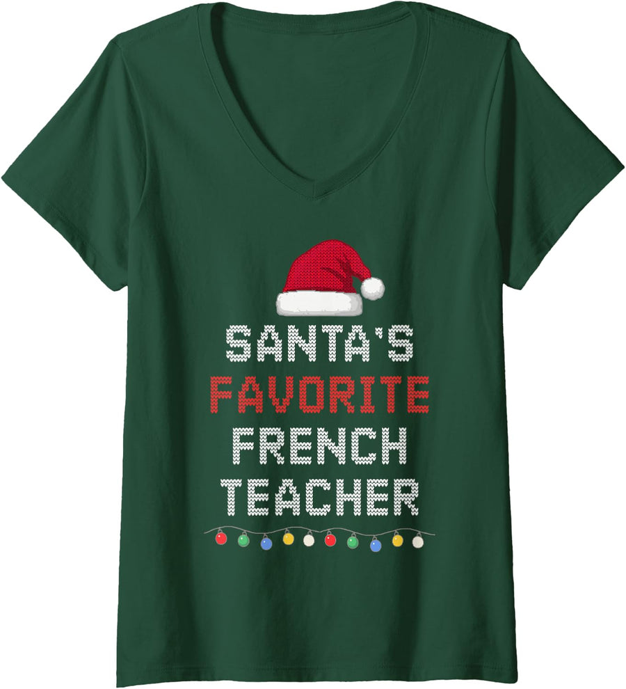 Women's Santa's Favorite French Teacher Funny Christmas Holiday V-Neck T-Shirt - Dark Green