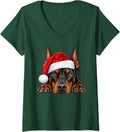 Women's Doberman Pinscher Christmas Santa Hat Xmas Pet Dog Lover V-Neck T-Shirt - Dark Green