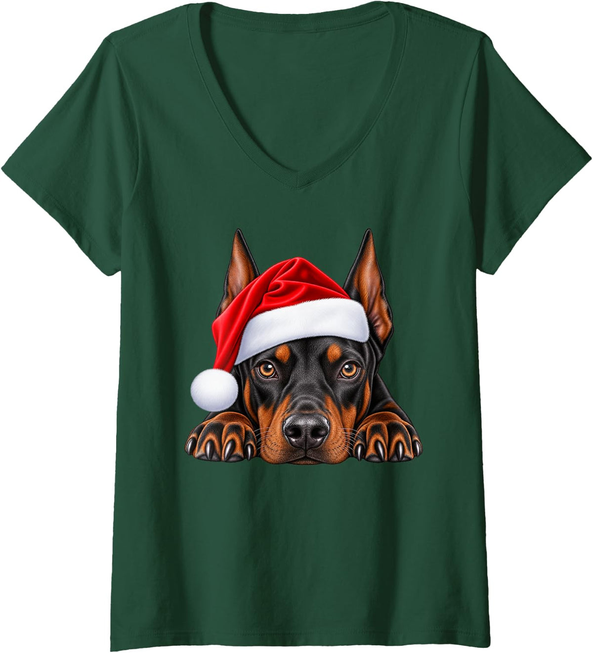 Women's Doberman Pinscher Christmas Santa Hat Xmas Pet Dog Lover V-Neck T-Shirt - Dark Green
