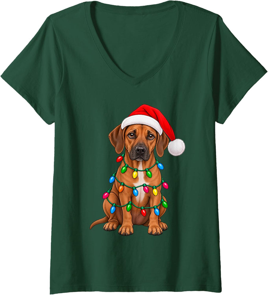 Women's Cute Rhodesian Ridgeback Santa Christmas Lights Dog Lover V-Neck T-Shirt - Dark Green