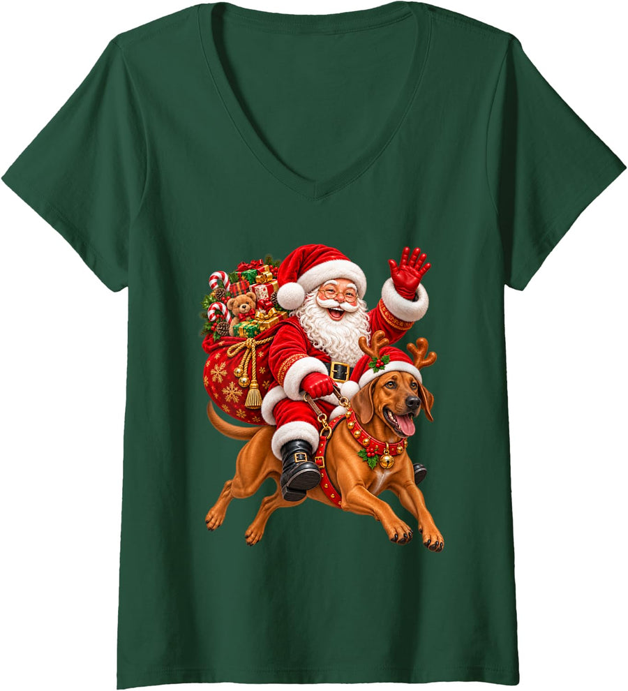 Women's Rhodesian Ridgeback Christmas Hat Santa Riding Pet Dog Xmas V-Neck T-Shirt - Dark Green