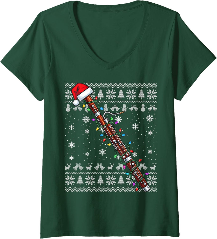 Women's Christmas Bassoon Santa Hat Lights Ugly Sweater Musician V-Neck T-Shirt - Dark Green