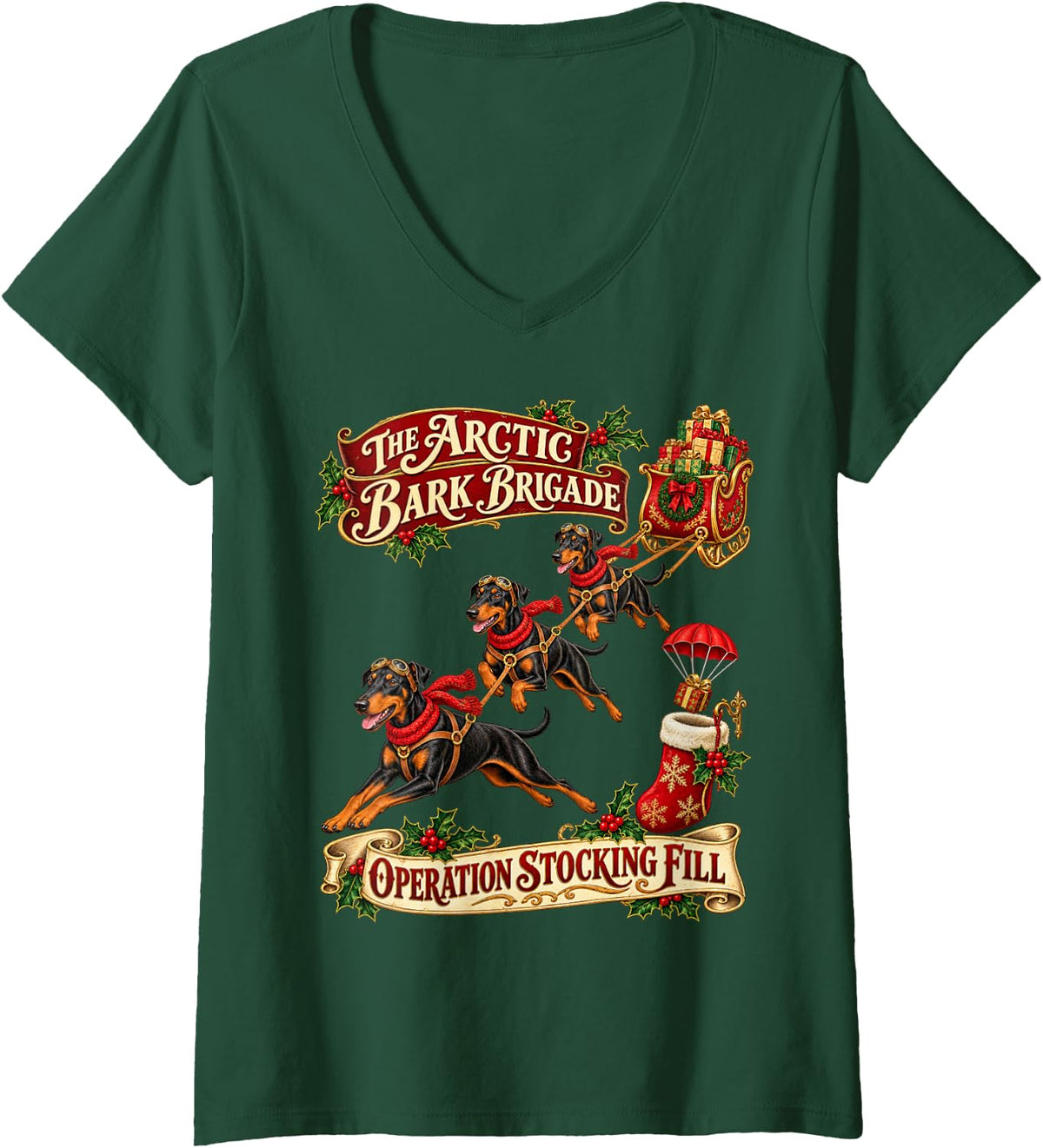 Women's Doberman Pinscher Dog Dobie Vintage Christmas V-Neck T-Shirt - Dark Green