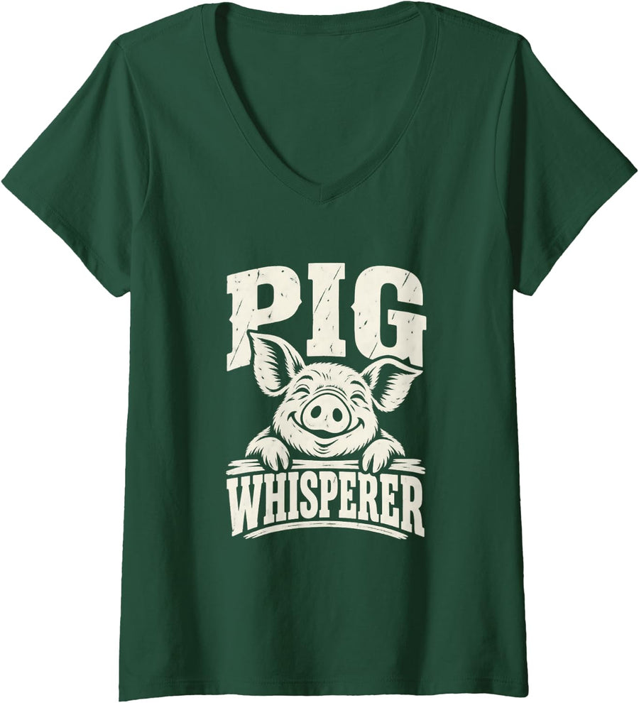 Women's Swine Farmer Funny Pig Lover V-Neck T-Shirt - Dark Green