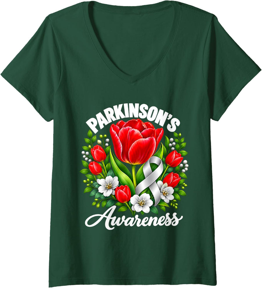 Women's Parkinson's Awareness Red Tulip Gray Ribbon Family Support V-Neck T-Shirt - Dark Green