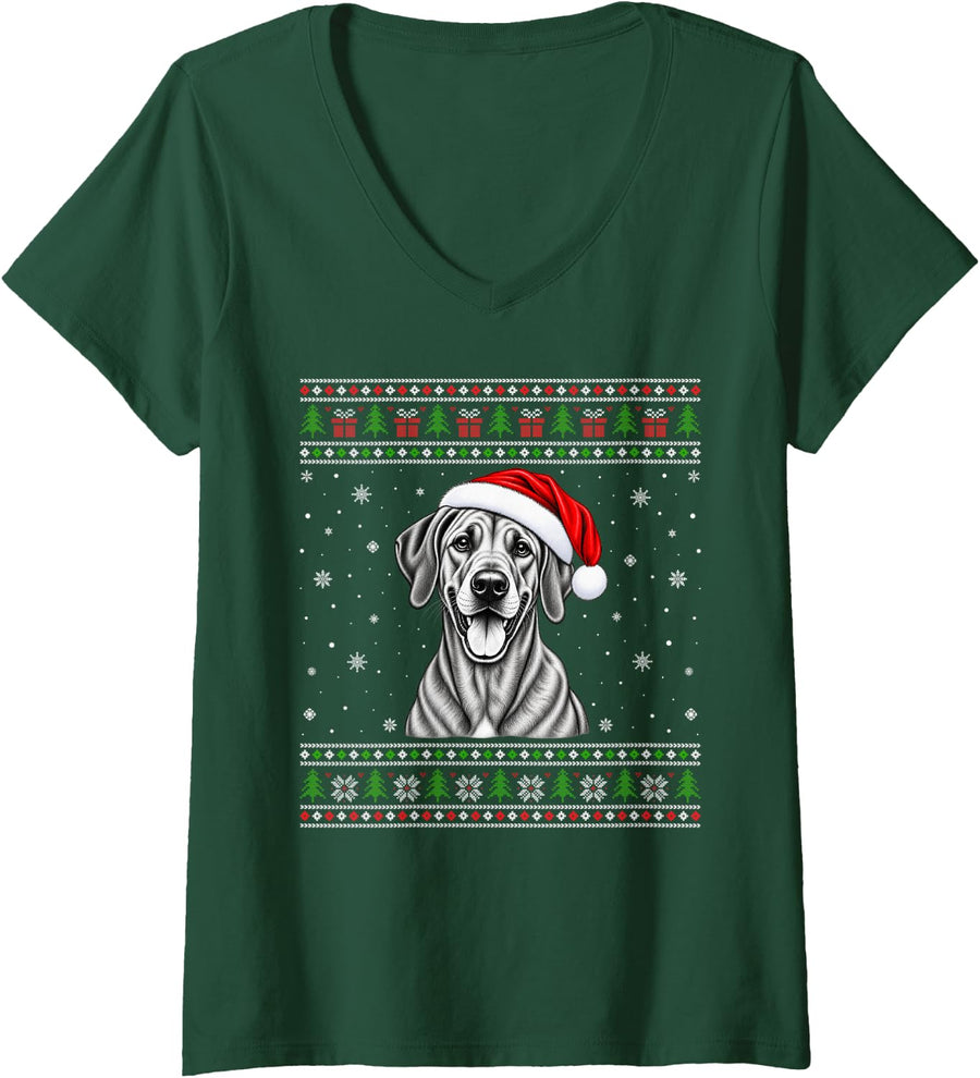 Women's Rhodesian Ridgeback Ugly Christmas Sweater Santa Hat Dog V-Neck T-Shirt - Dark Green