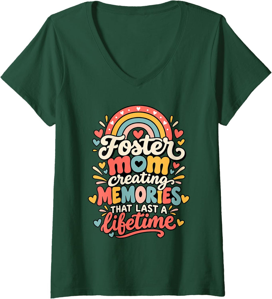 Women's Funny Foster Mom Creating Memories that Last Foster Care V-Neck T-Shirt - Dark Green