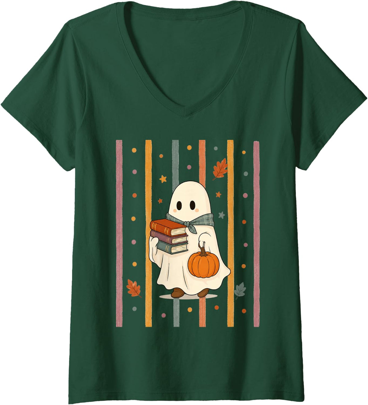 Women's Cute Reading Ghost Pumpkin Halloween Book Lover V-Neck T-Shirt - Dark Green
