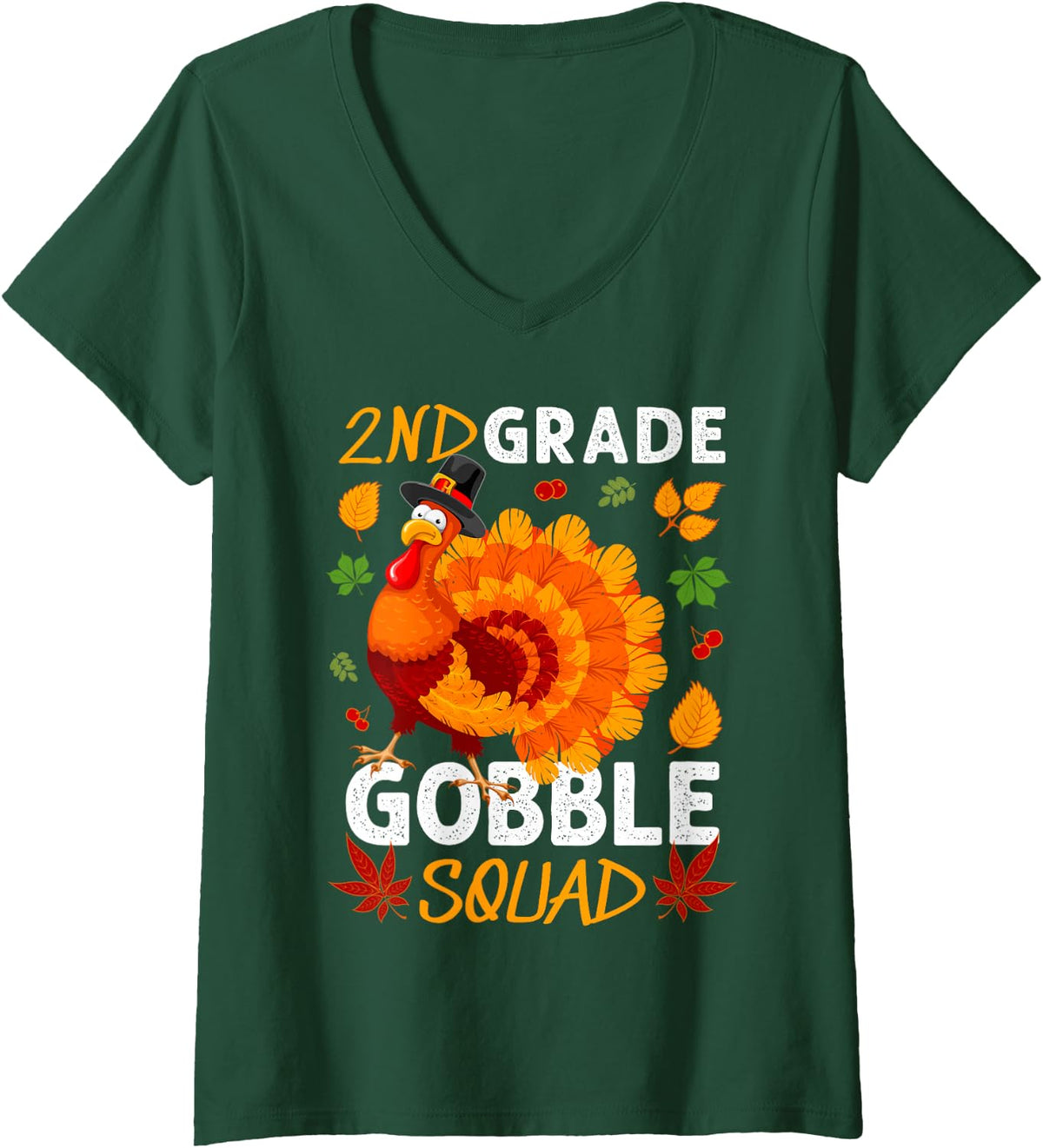 Women's 2nd Grade Gobble Squad Turkey Thanksgiving Fall V-Neck T-Shirt - Dark Green