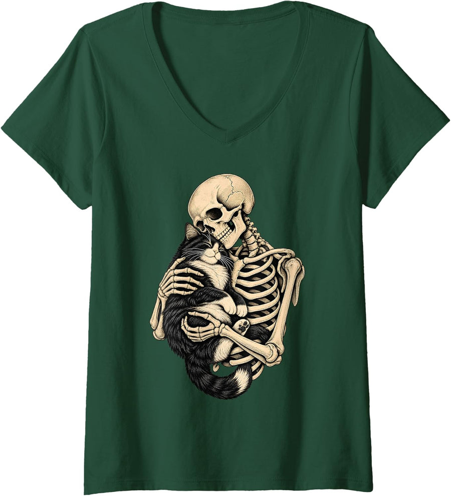 Women's Skeleton Hugging Tuxedo Cat Lover Halloween Costume V-Neck T-Shirt - Dark Green