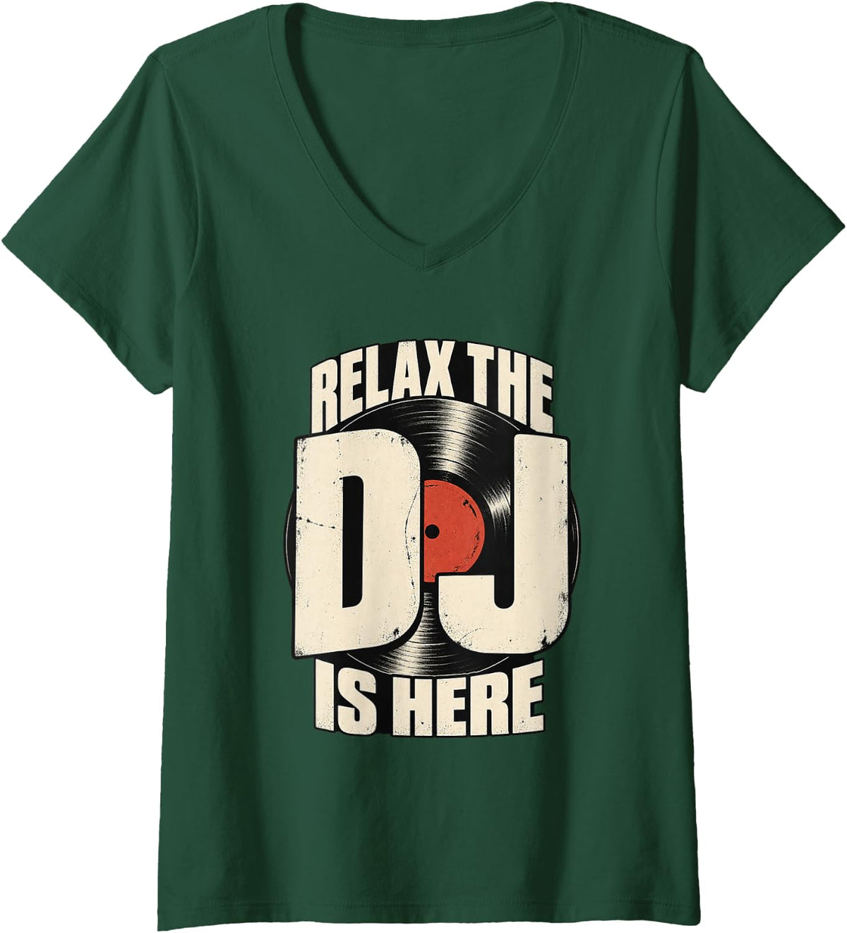 Women's Vinyl DJ Turntable Performance Night Record Typography V-Neck T-Shirt - Dark Green