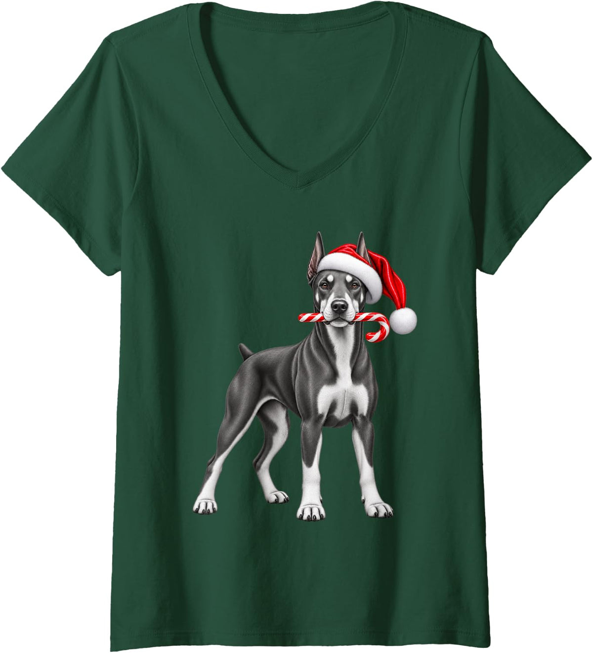Women's Doberman Pinscher Christmas Santa Hat Candy Cane Xmas Dog V-Neck T-Shirt - Dark Green