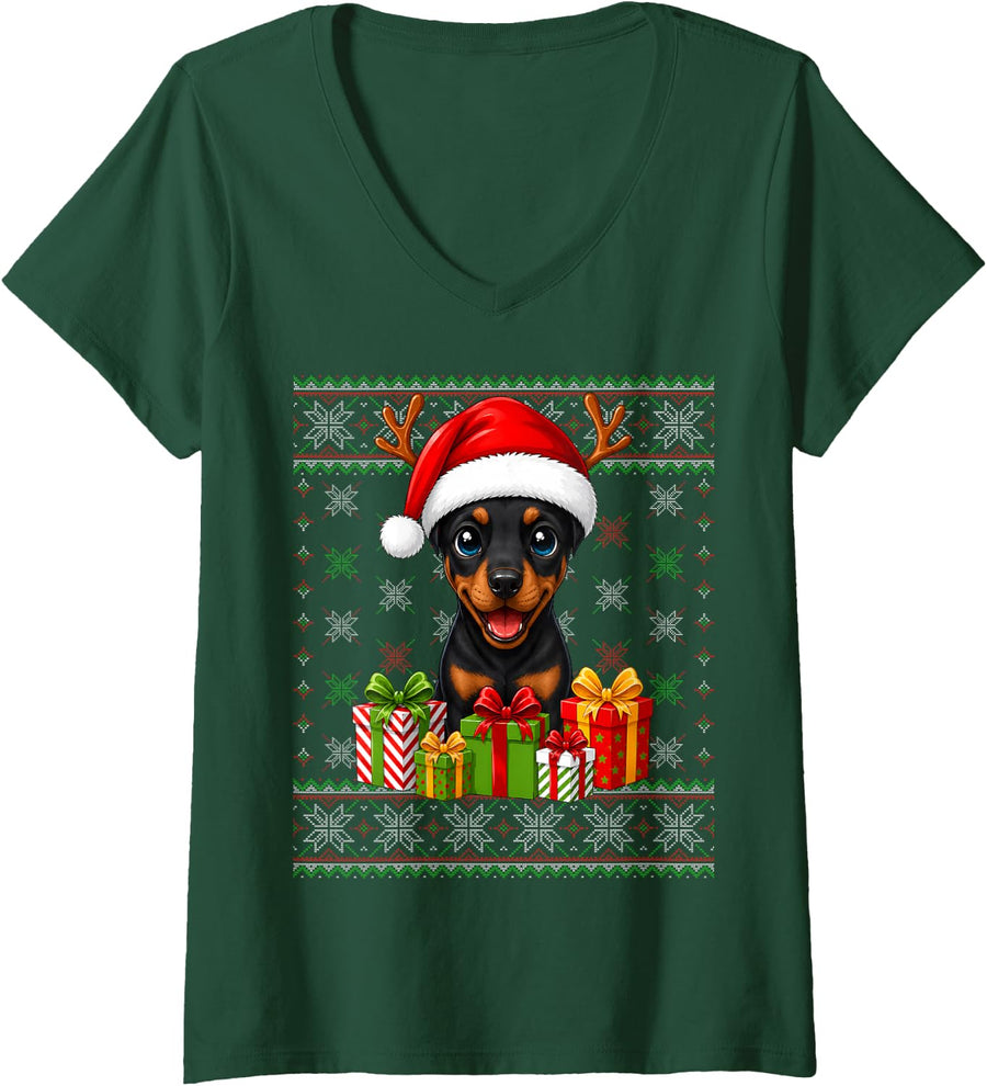 Women's Doberman Pinscher Dog Christmas Ugly Sweaters Festive Xmas V-Neck T-Shirt - Dark Green