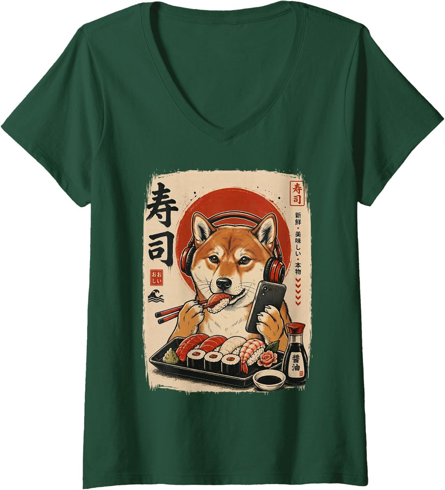 Women's Vintage Shiba Inu Eating Sushi Japanese Noodles Anime Art V-Neck T-Shirt - Dark Green