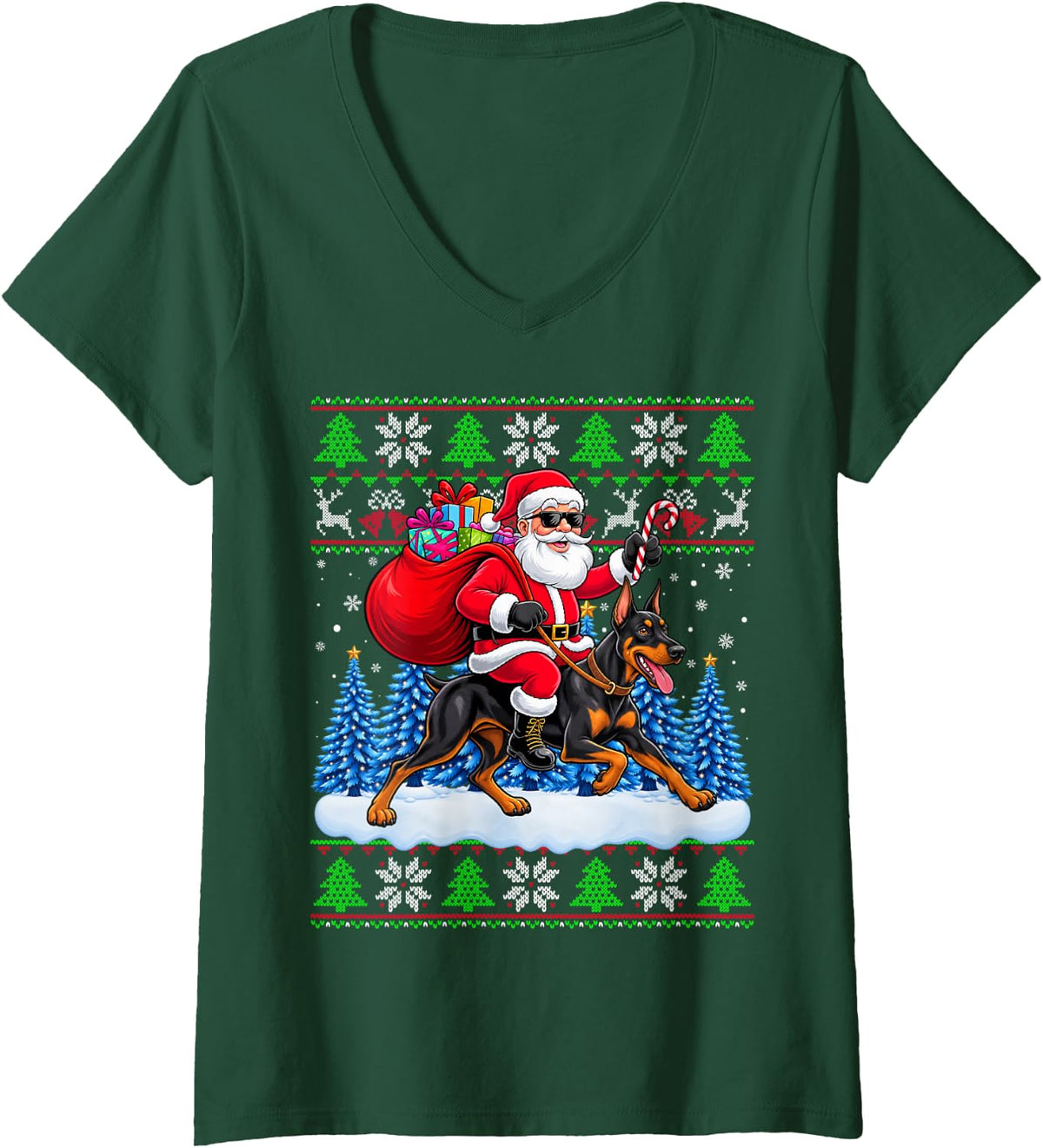 Women's Christmas Santa Riding Doberman Pinscher Kids Girls Boy Xmas V-Neck T-Shirt - Dark Green