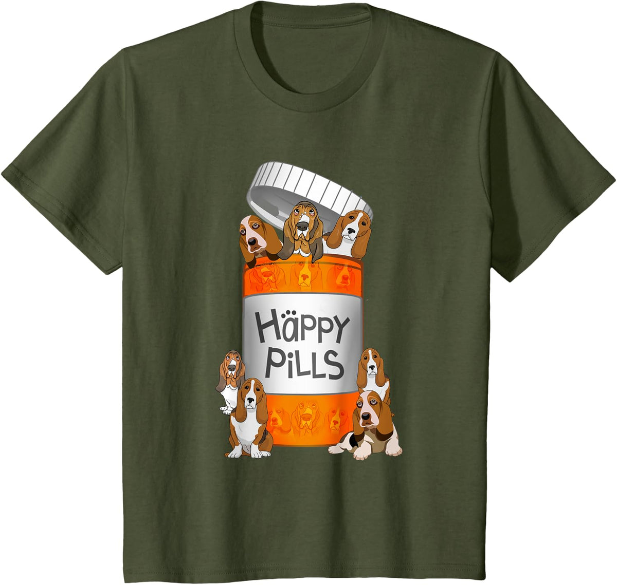 Basset Hound Happy Pills T-shirt - Olive Green