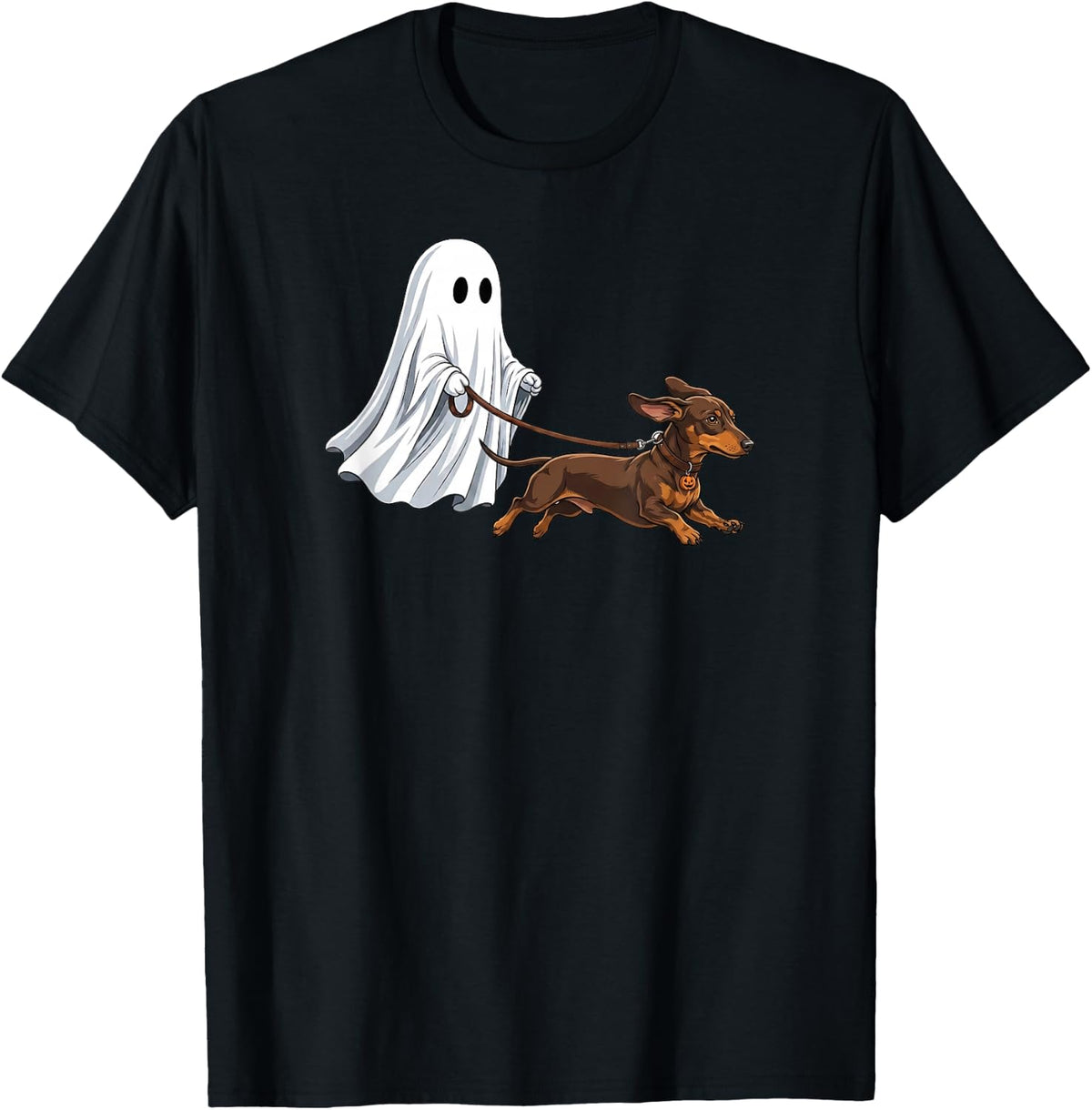Cute Ghost Walking Dachshund Halloween Dog Lovers T-Shirt - Black