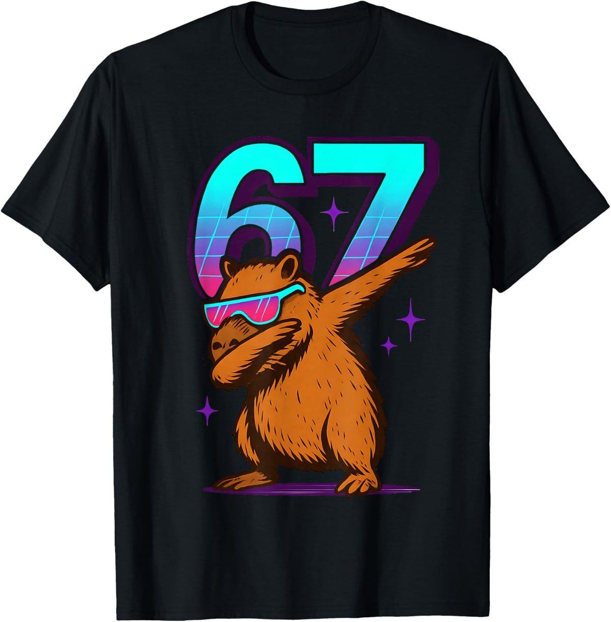 Neon Retro Dabbing Capybara 67 Meme Capy Lover Teens Kids T-Shirt - Black
