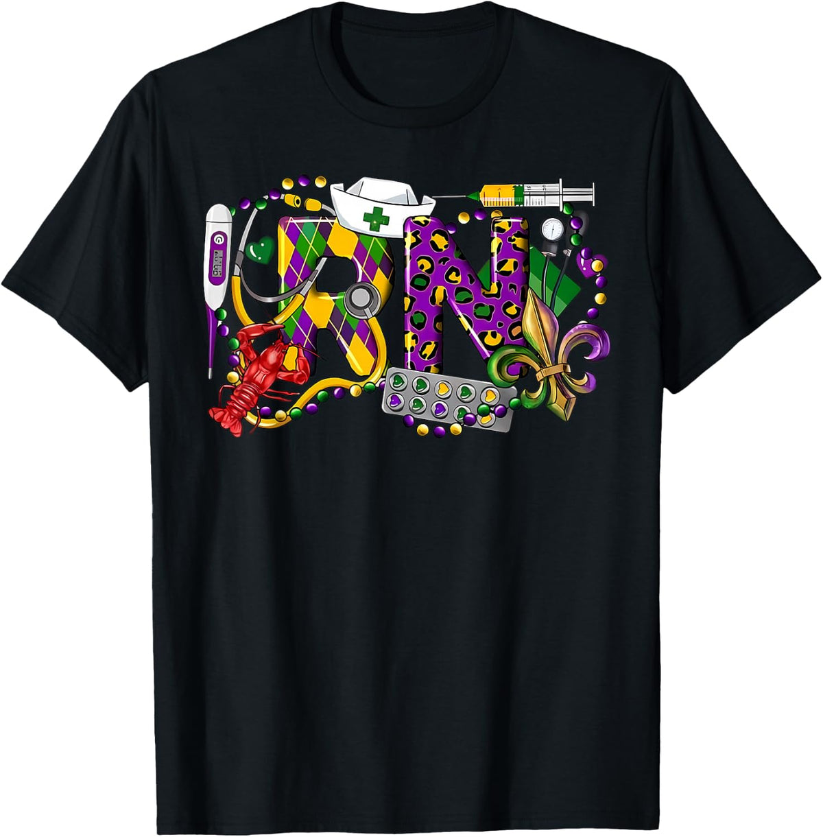 Mardi Gras RN Nurse New Orleans Nursing Festival Party T-Shirt - Black