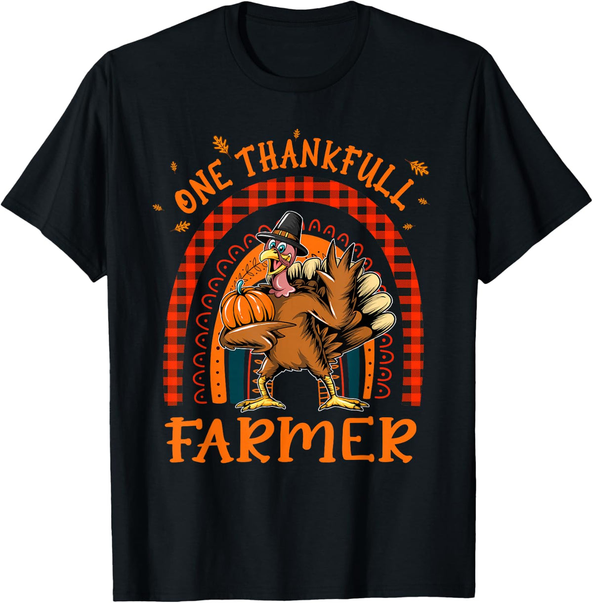 One Thankful Farmer Thanksgiving Rainbow Turkey Autumn T-Shirt - Black