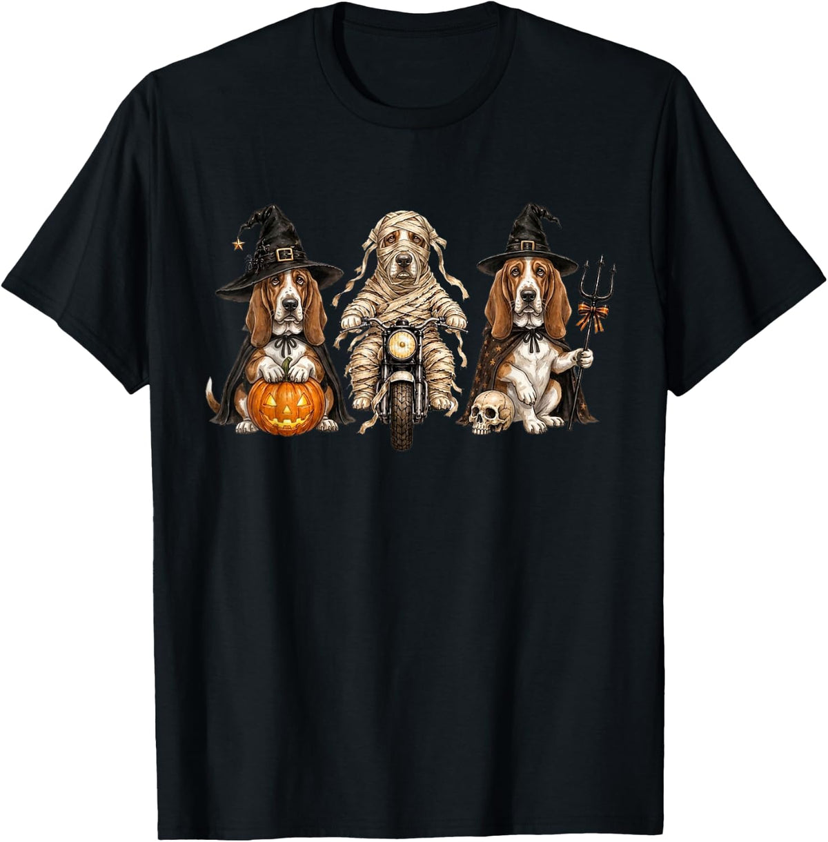 Cute Halloween Basset Hound Dog Pumpkin Ghost and Witch T-Shirt - Black