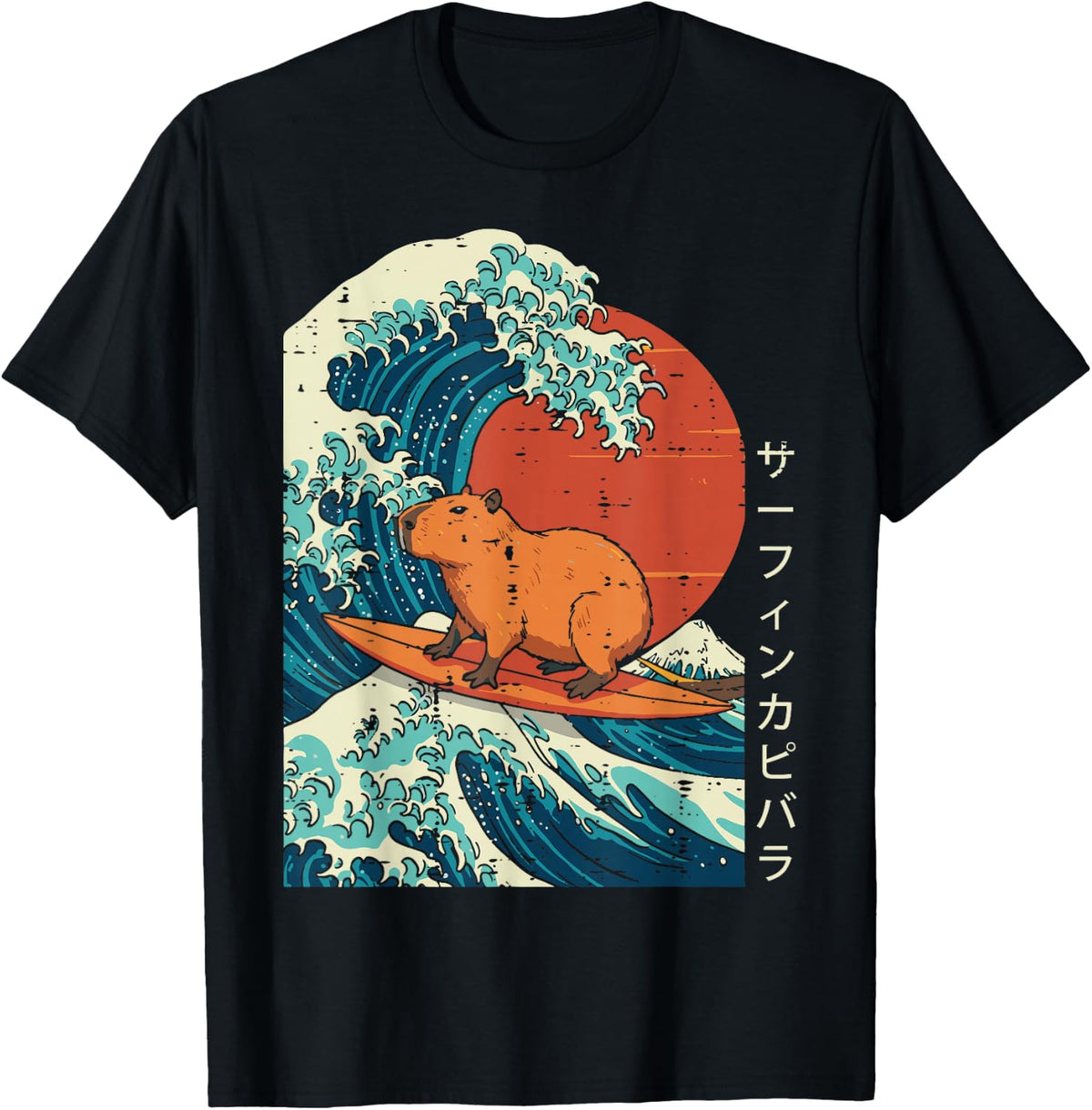 Great Wave Capybara Surfing Meme T-Shirt Japanese Art Tees for Men Women Kids - Black