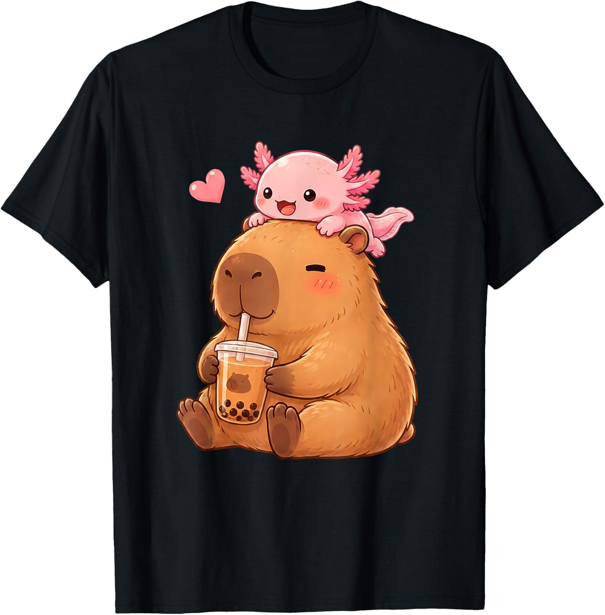 Cute Capybara and Axolotl Bubble Tea Boba Girls Japan Anime T-Shirt - Black
