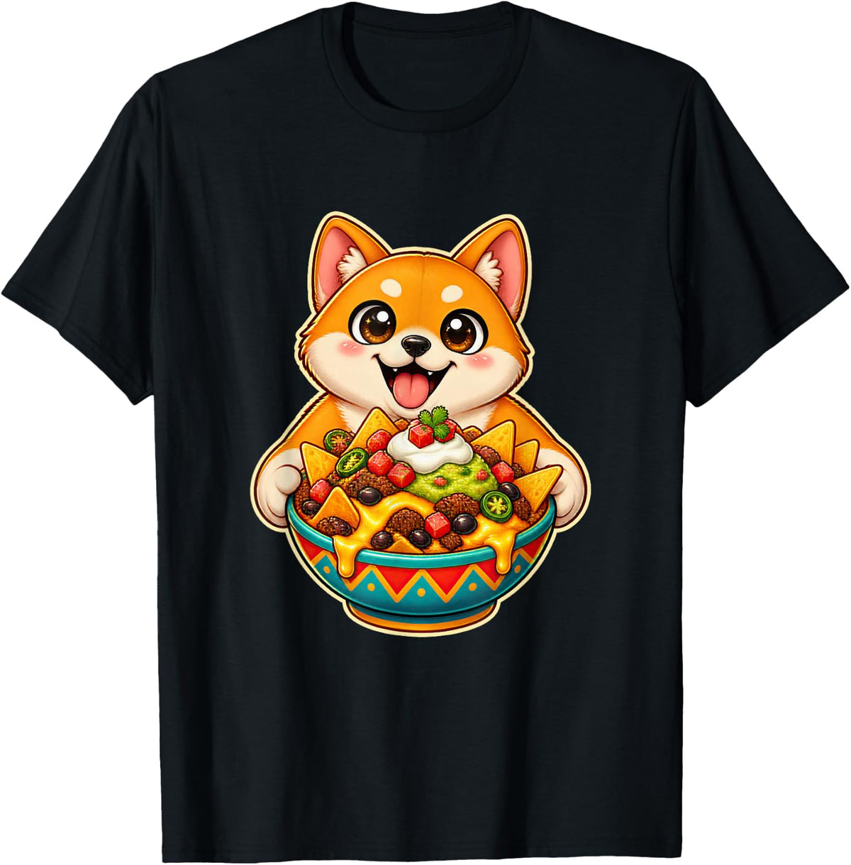 Shiba Inu Holding a Loaded Nacho Bowl T-Shirt - Black