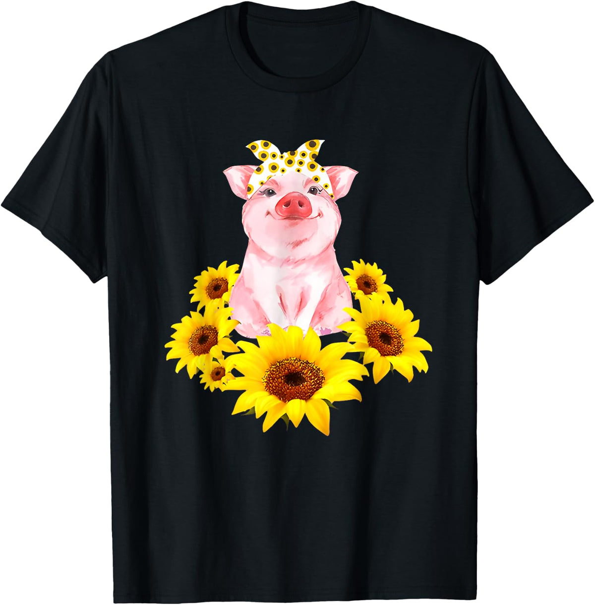 Cute Piggy with Sunflower Tiny Pig with Bandana T-Shirt Tee for Pig Lovers - Black