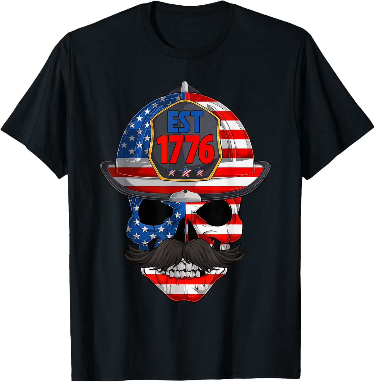 4th of July Retro Skull Firefighter USA American Flag Men T-Shirt - Black