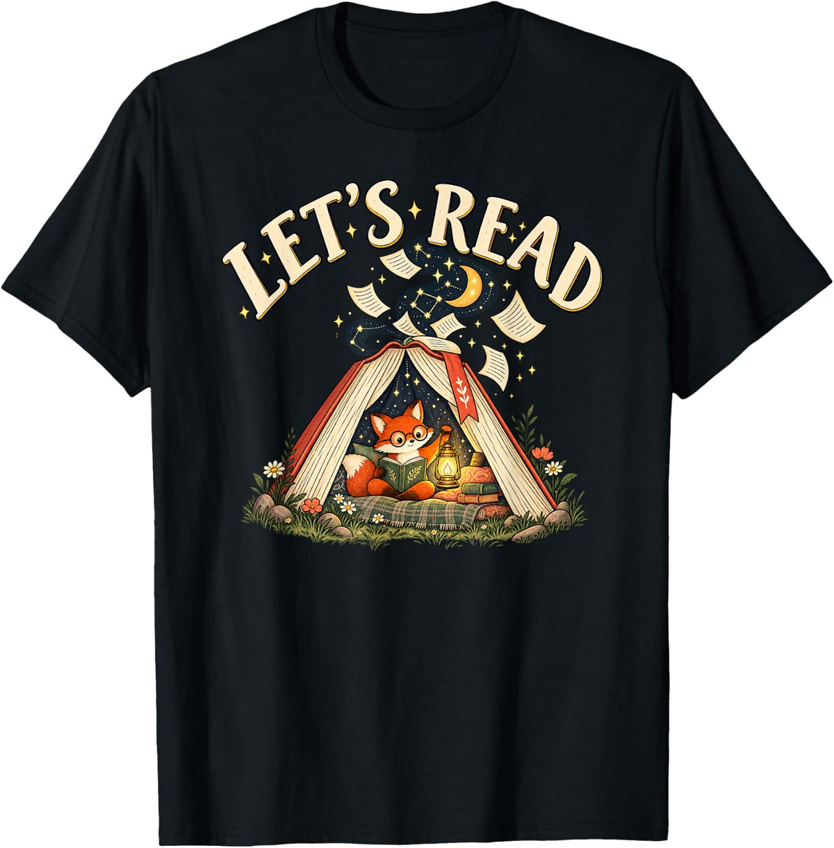 Lets Read Cute Fox Book Lover Reading Storybook Teacher T-Shirt - Black