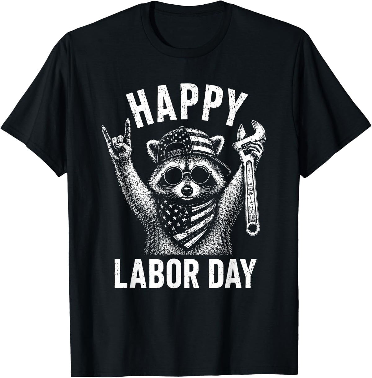 Happy Labor Day Raccoon US American Flag T-Shirt - Black