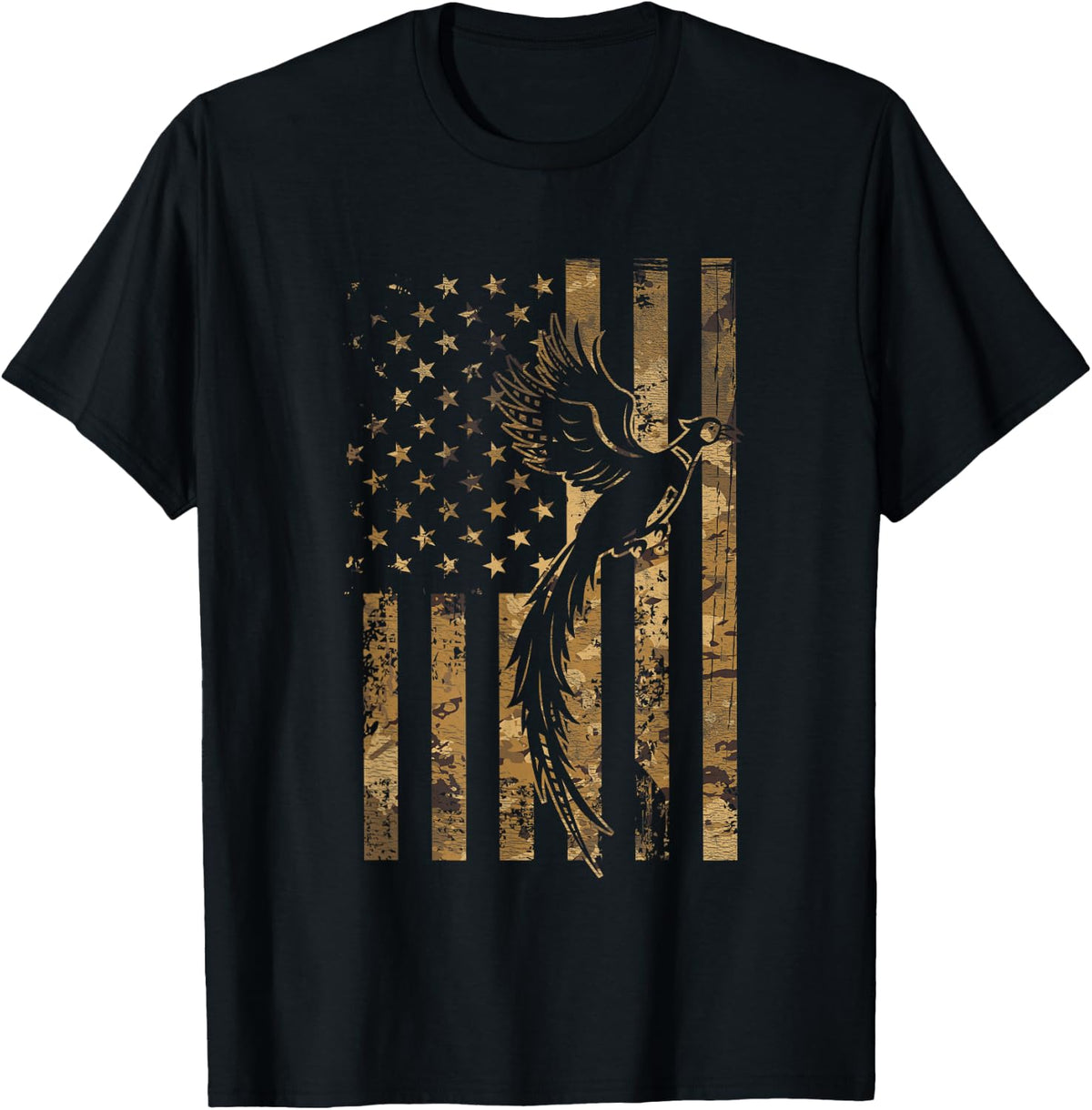 Pheasant Bird Hunter American Flag Camouflage Pheasant Hunt T-Shirt - Black