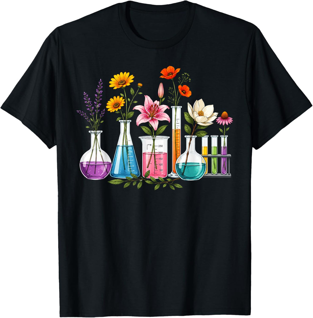 Science Lab Flowers Chemistry Teacher STEM Science Lover T-Shirt - Black