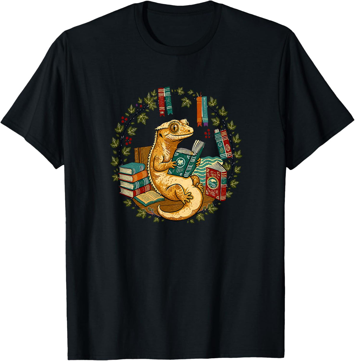 Kids Womens Girls Reading Books Vintage Crested Gecko Lover T-Shirt - Black