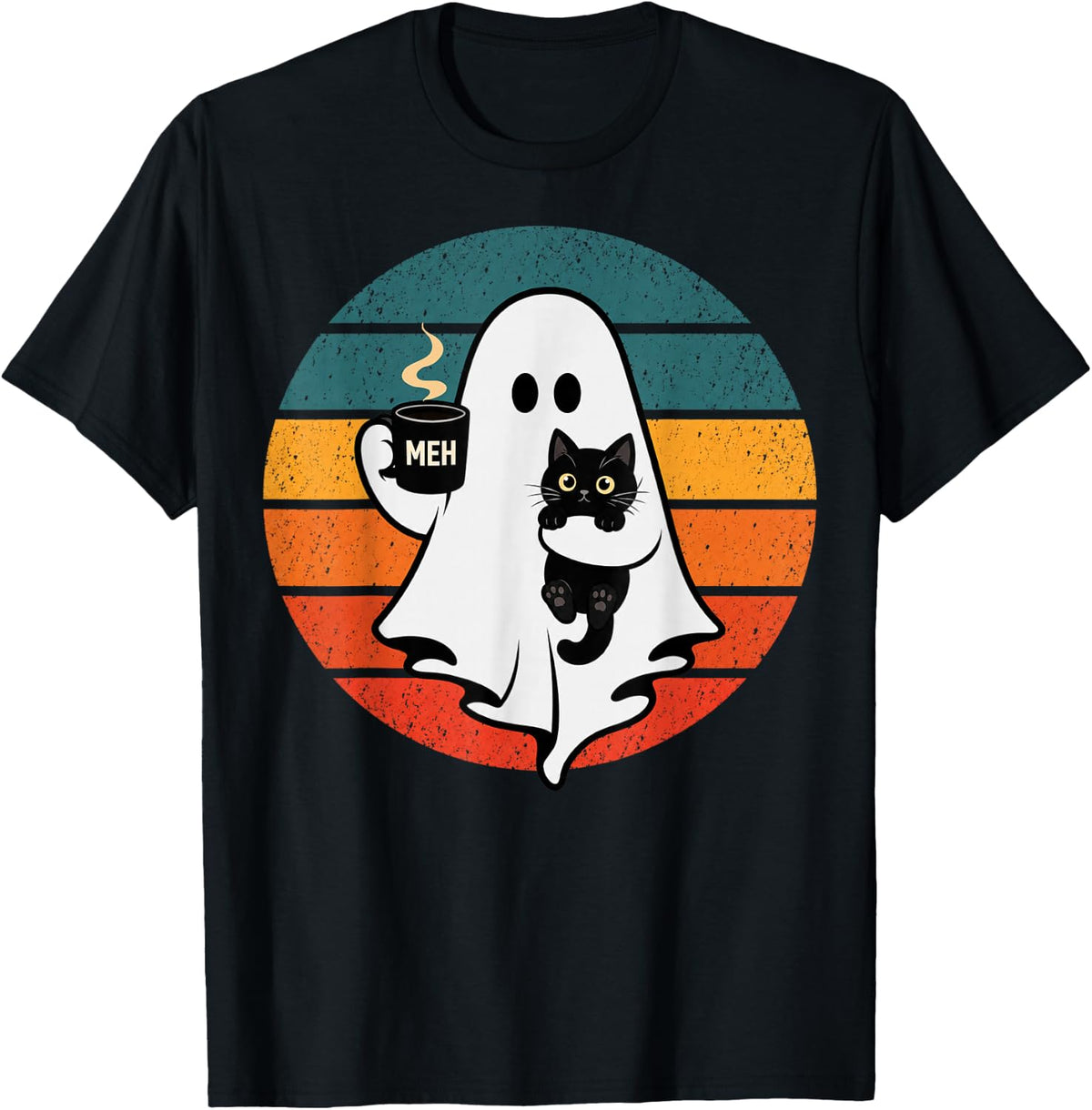 Ghost Cat Spooky Black Cat Retro Halloween Coffee Lover T-Shirt - Black