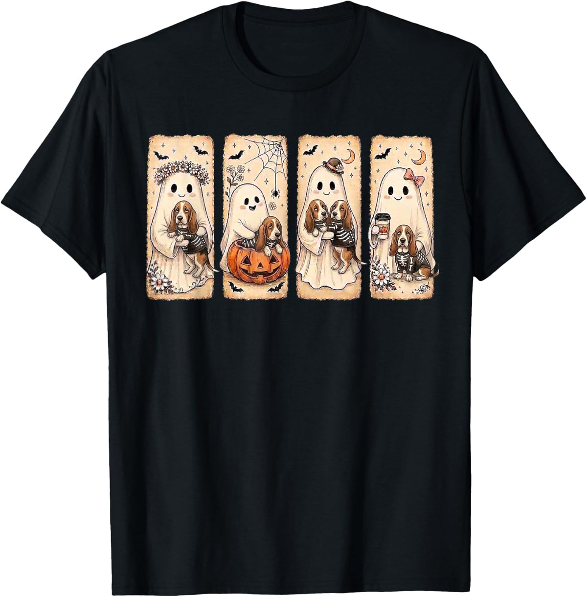 Spooky Ghost Basset Hound Pumpkin Halloween Dog Skeleton T-Shirt - Black