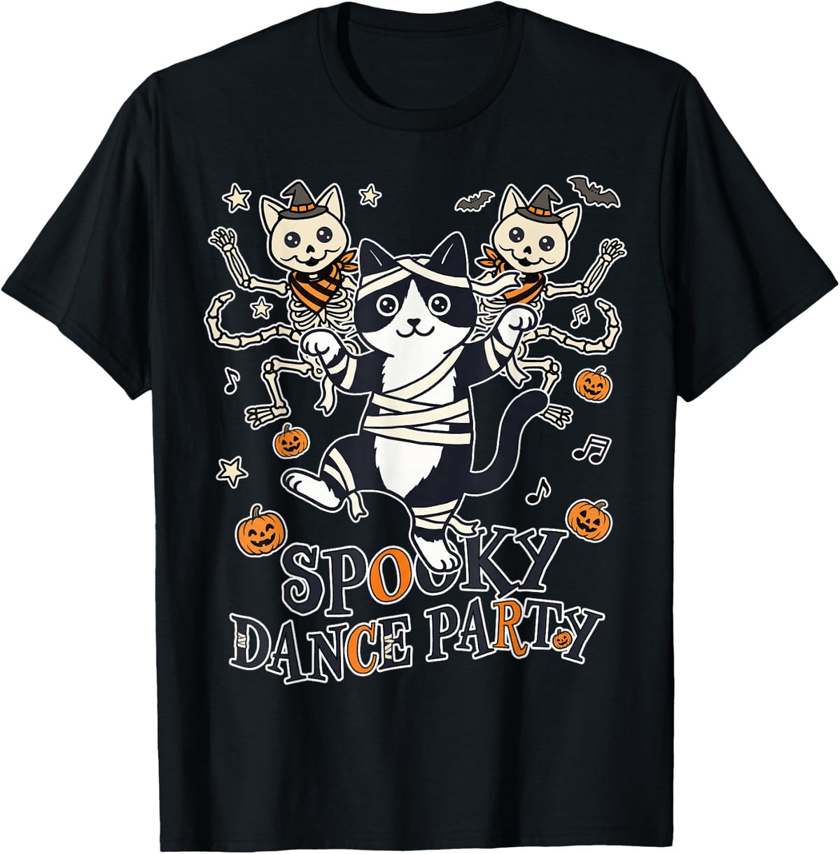 Spooky Dance Party Mummy Cat Skeleton Halloween Art T-Shirt - Black