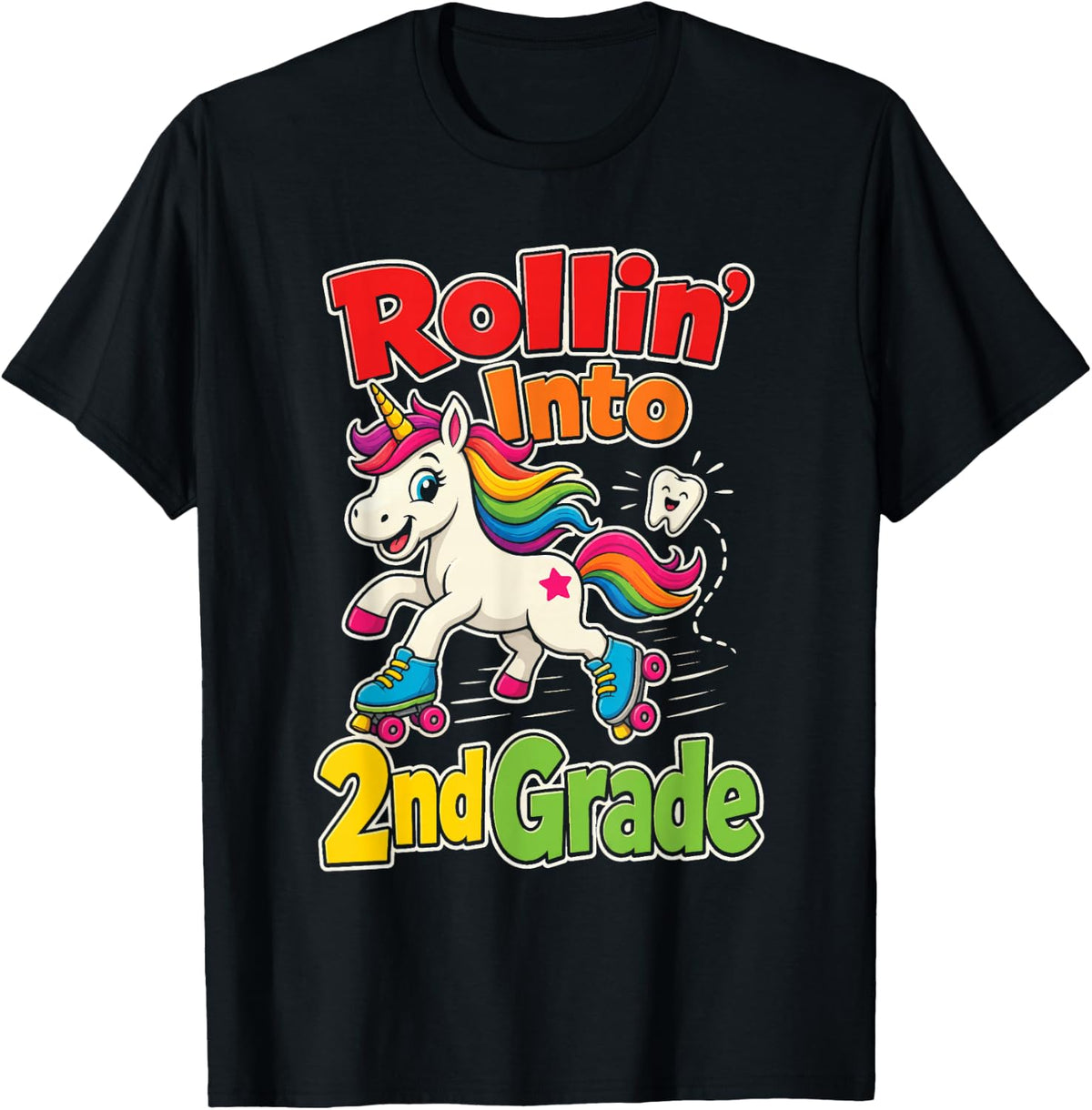 2nd Grade Rollin' Into It Unicorn Roller Skates First Day T-Shirt - Black