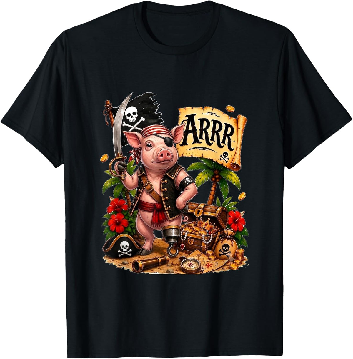 Pig As Pirate Halloween Hawaiian Costume Farmer Lover T-Shirt - Black