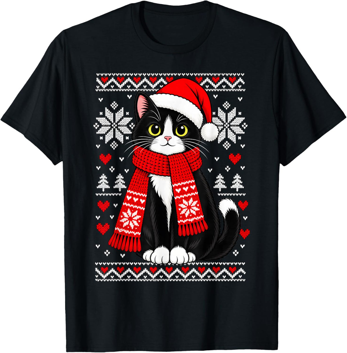 Tuxedo Cat Christmas Santa Hat Scarf Ugly Style Winter T-Shirt - Black