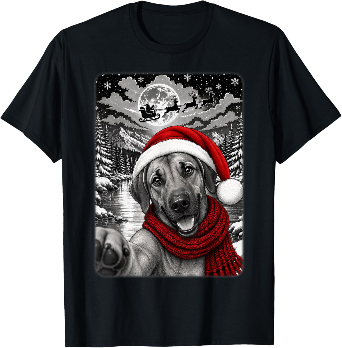 Rhodesian Ridgeback Dog Christmas Selfie Night Starry Sky T-Shirt - Black