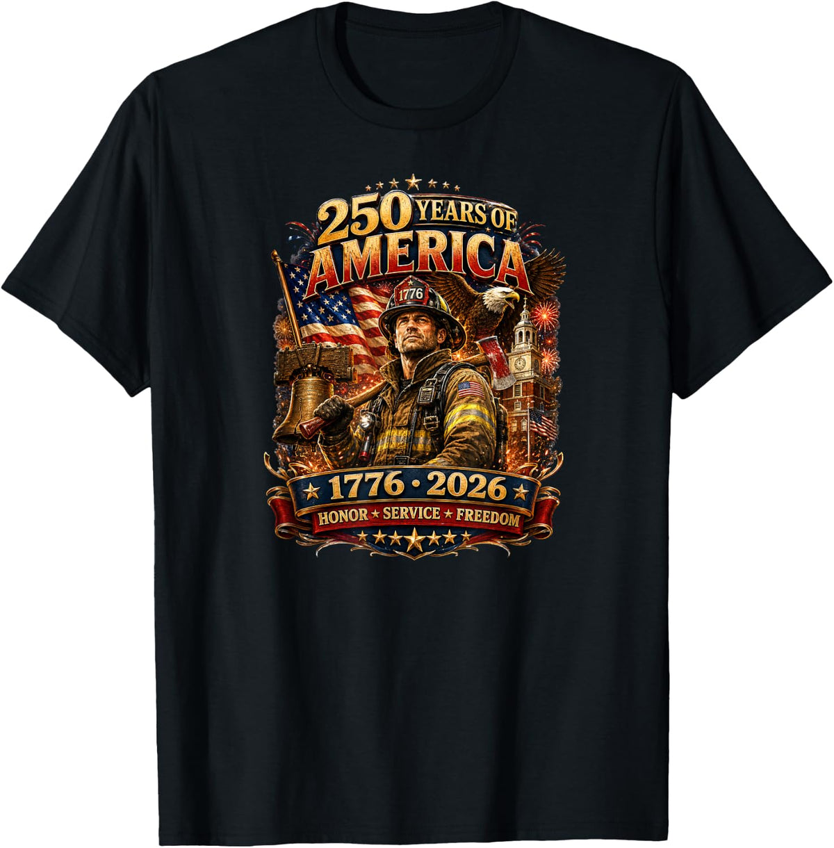 250 Years of America Firefighter Patriotic Tees and T Shirts 1776-2026 - Black