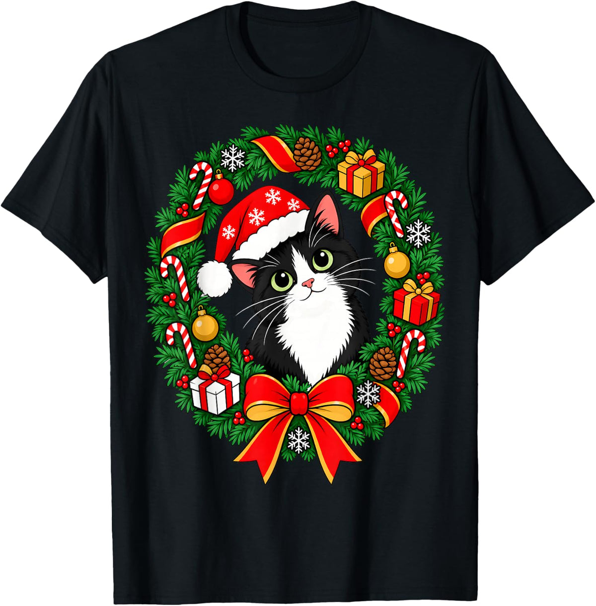 Tuxedo Cat Christmas Wreath Santa Hat Candy Canes Xmas T-Shirt - Black