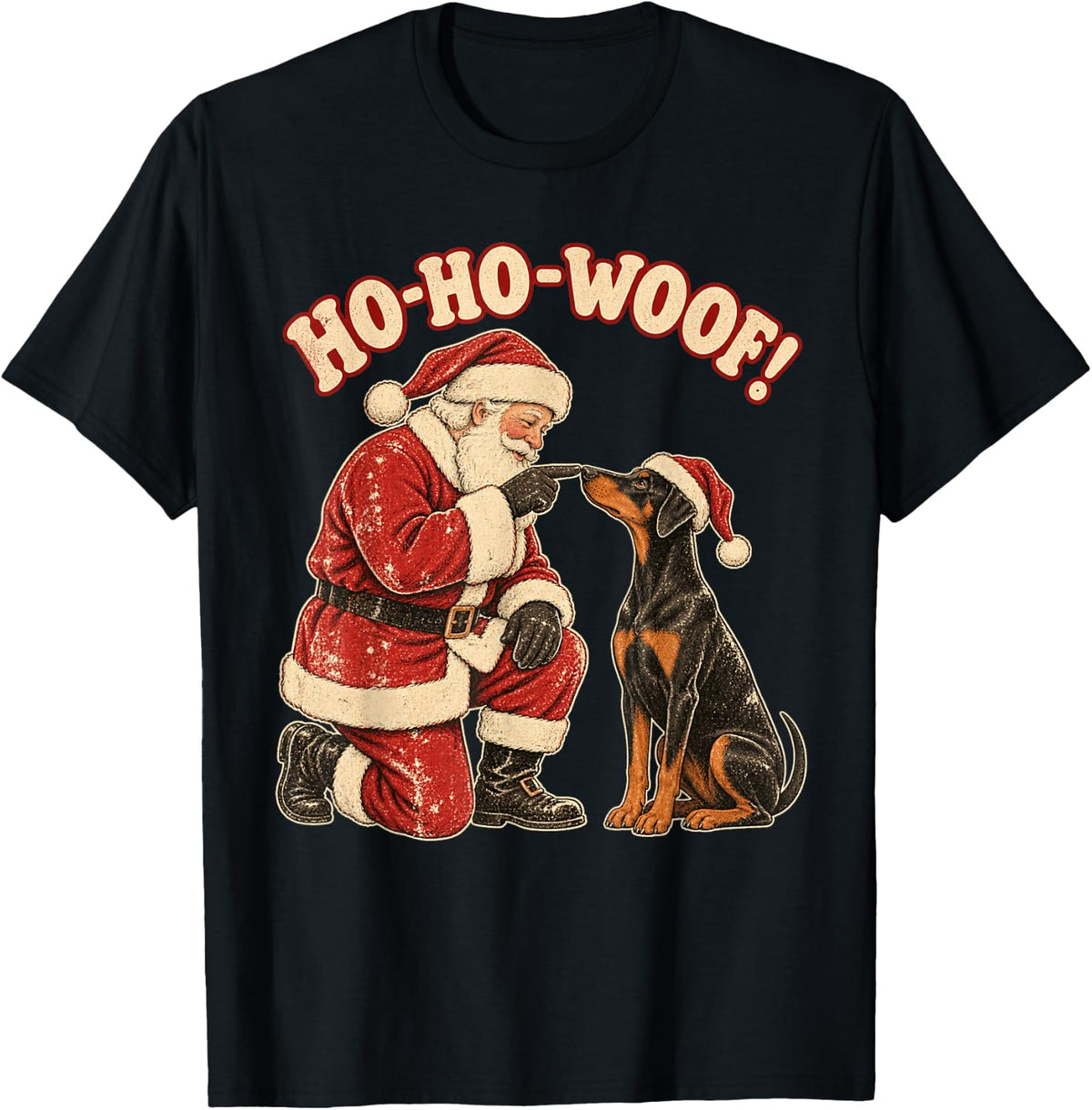Santa Doberman Pinscher Retro Christmas Dog Ho Ho Woof T-Shirt - Black