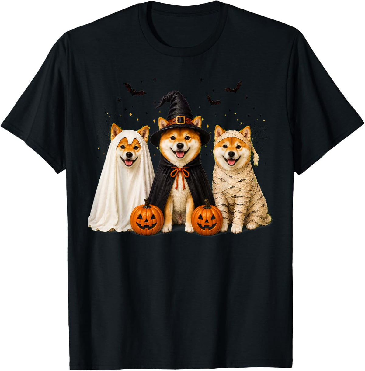 Retro Shiba Inu Dog Witch Scary Halloween Pumpkin T-Shirt - Black