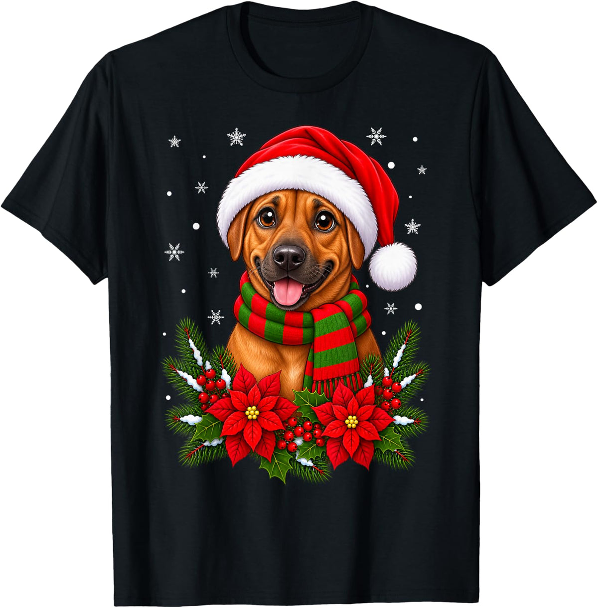 Cute Flowers Santa Hat Rhodesian Ridgeback Dog Christmas T-Shirt - Black