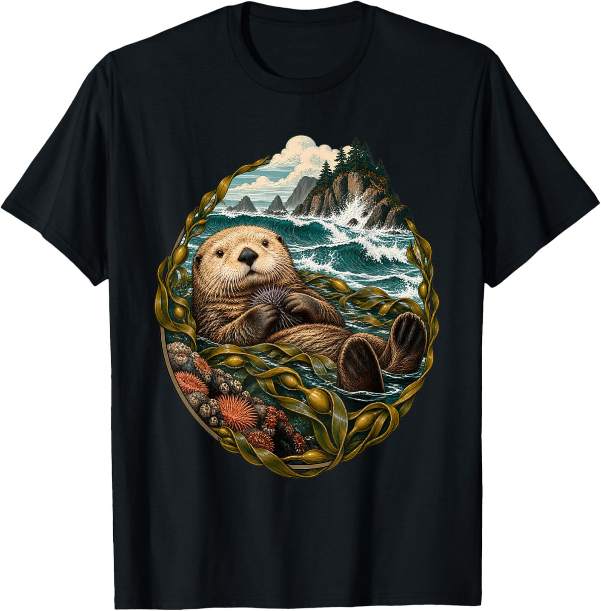 California Sea Otter Pacific Coast Kelp Lover T-Shirt - Black