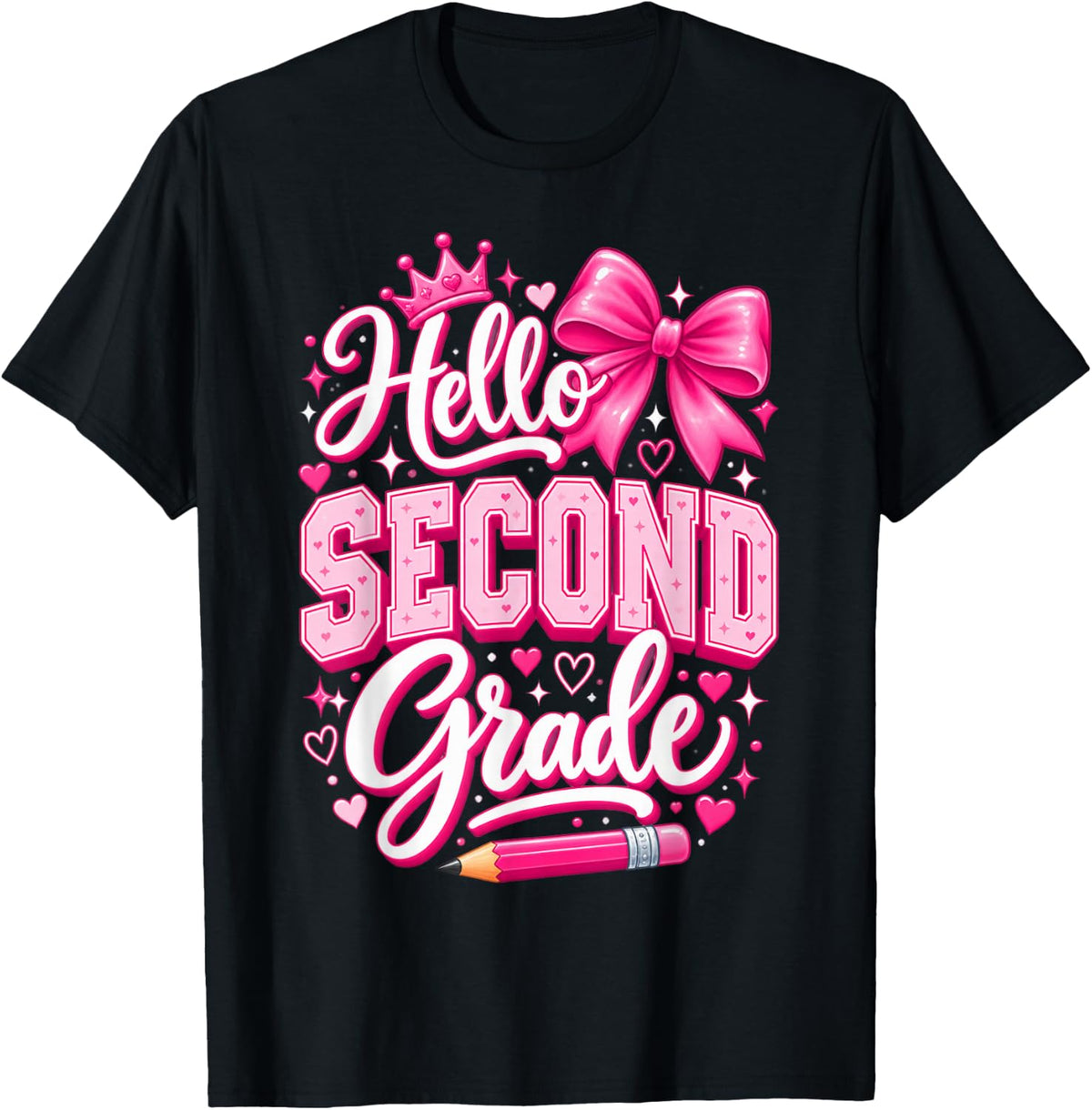 Hello 2nd Grade Girls Teacher Coquette Bow Back to School T-Shirt - Black
